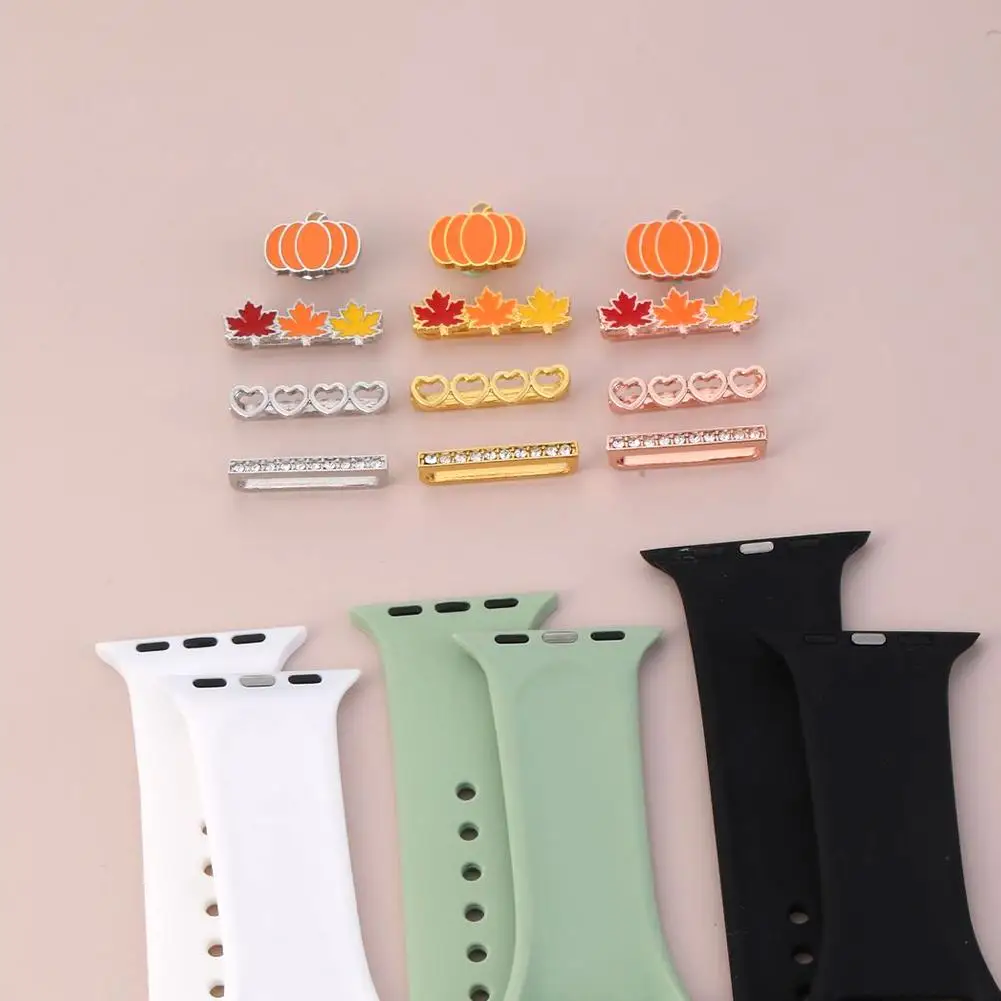 New Halloween Christmas Maple Leaf Set Decorative Ring For Apple Watch Band Ornament Metal Charms Ornament Silicone Strap