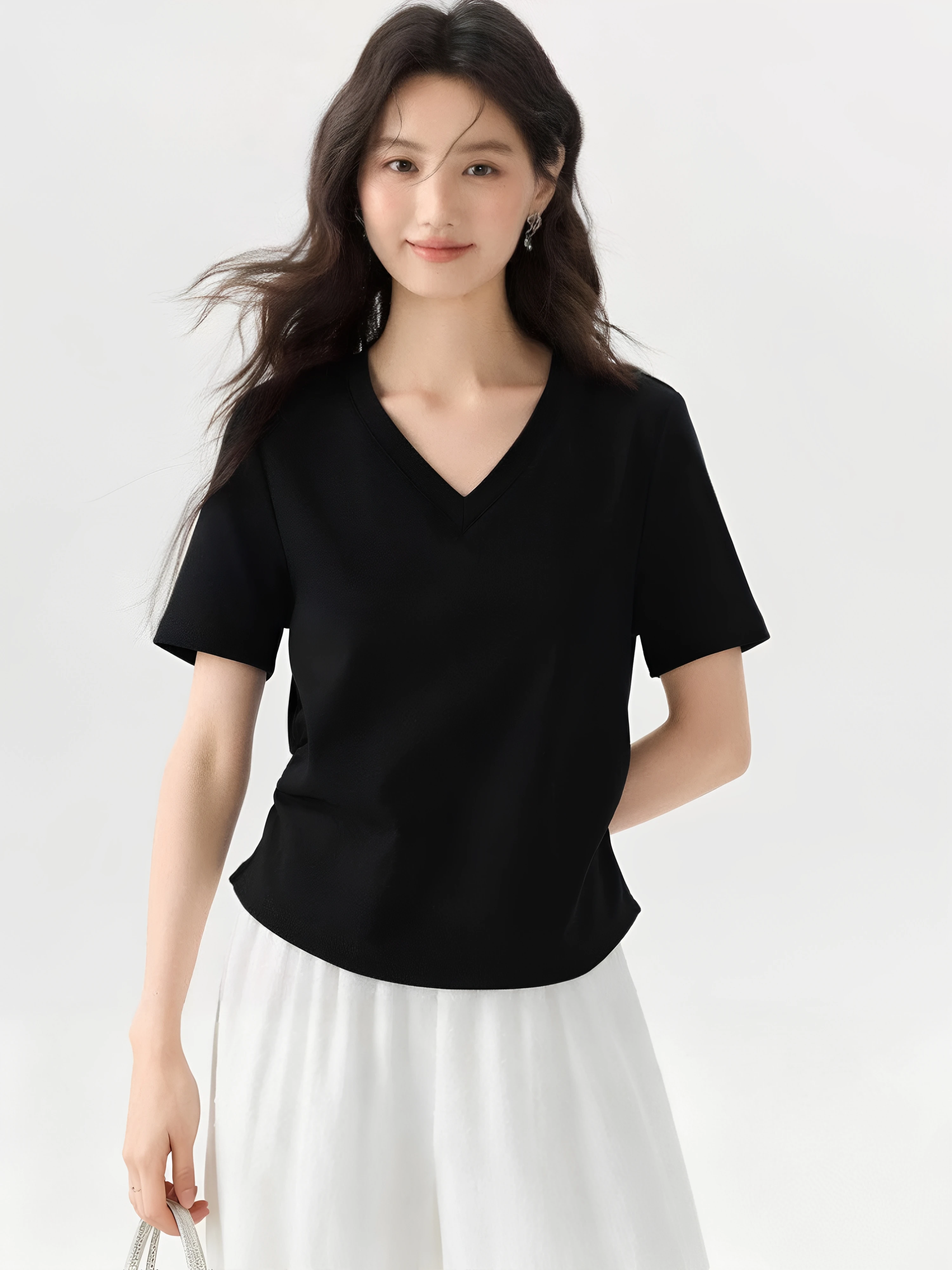 

Loose Cotton V-Neck Short Sleeve T-Shirt Women's Summer New plus Size Slimming Pure Color Top Breathable Comfortable Casual Wear
