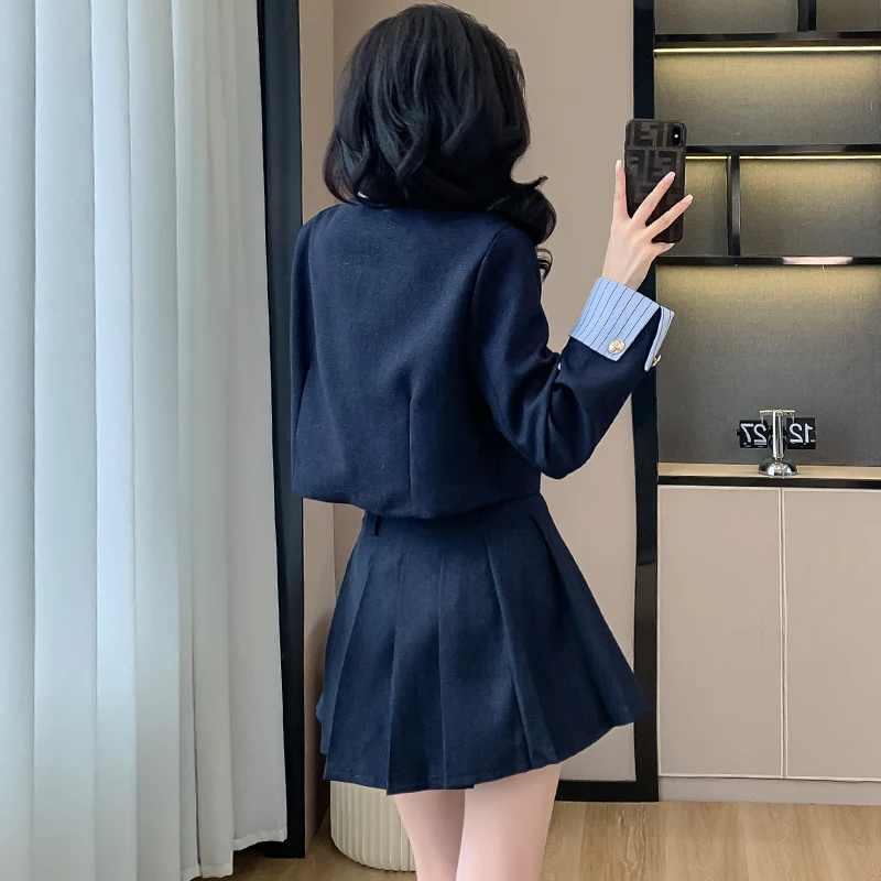 Small Fragrant Tweed Crop Top Two Piece Set Women Bowknot Short Jacket + High waist Mini Pleated Skirt Suits Streetwear Suits