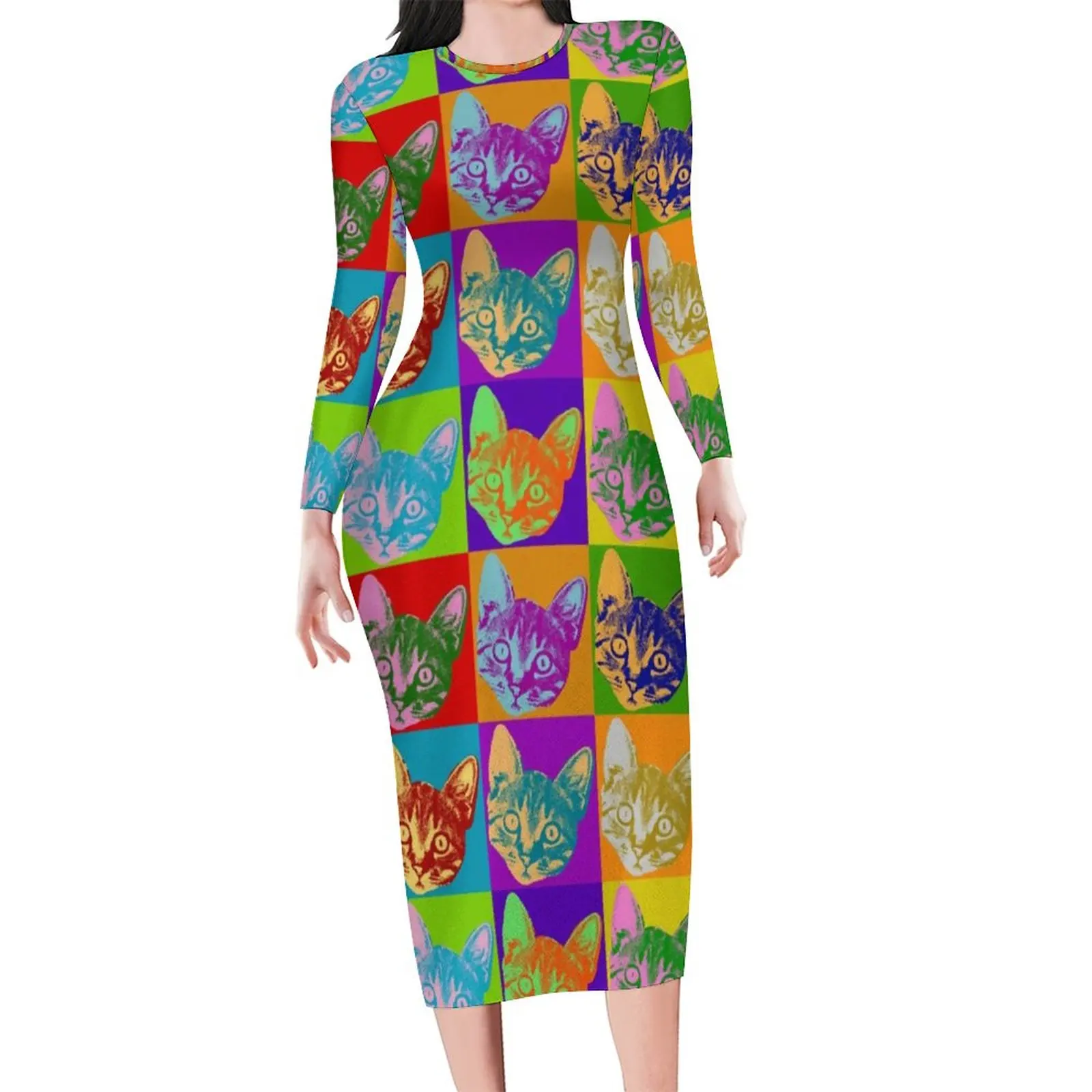 Cat Pop Art Bodycon Dress Autumn Cats Kitty Print Retro Dresses Women Long Sleeve Design Streetwear Dress Large Size