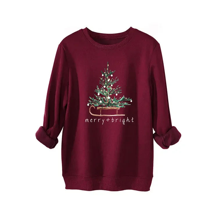 2025 Autunno Inverno Felpa spessa da donna O-Collo Luminoso albero di Natale stampato Top a maniche lunghe Pullover caldi da donna