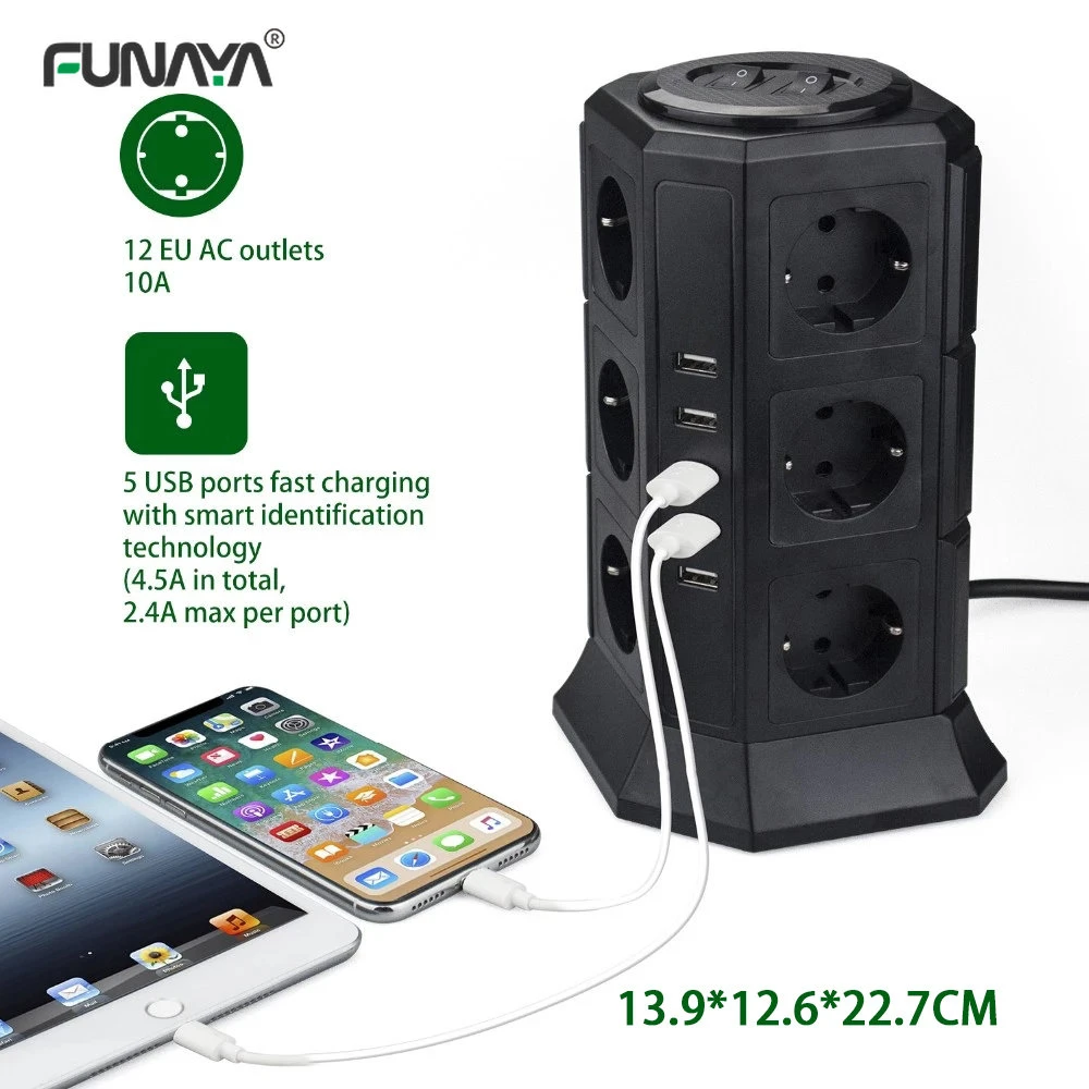 Wieża Multi Power Strip pionowa wtyczka ue 12 kierunkowe gniazda z zabezpieczeniem przeciwprzepięciowym USB 2m przedłużacz