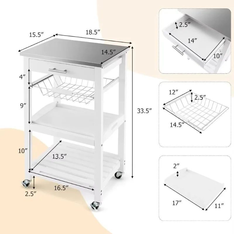 

4-Tier storage rolling Cart, the Utility Mobile Kitchen Cartw/Stainless Steel Tabletop, Basket, Tray, Slatted Shelf&Wheels