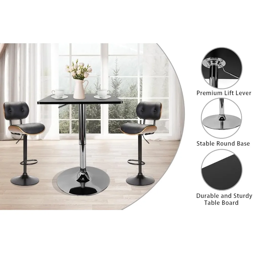 Square Pub Table, Black Cocktail Table with 360° Spinning Top,Silver Leg and Base,Cafe Tables, Adjustable Height Range 27.5''