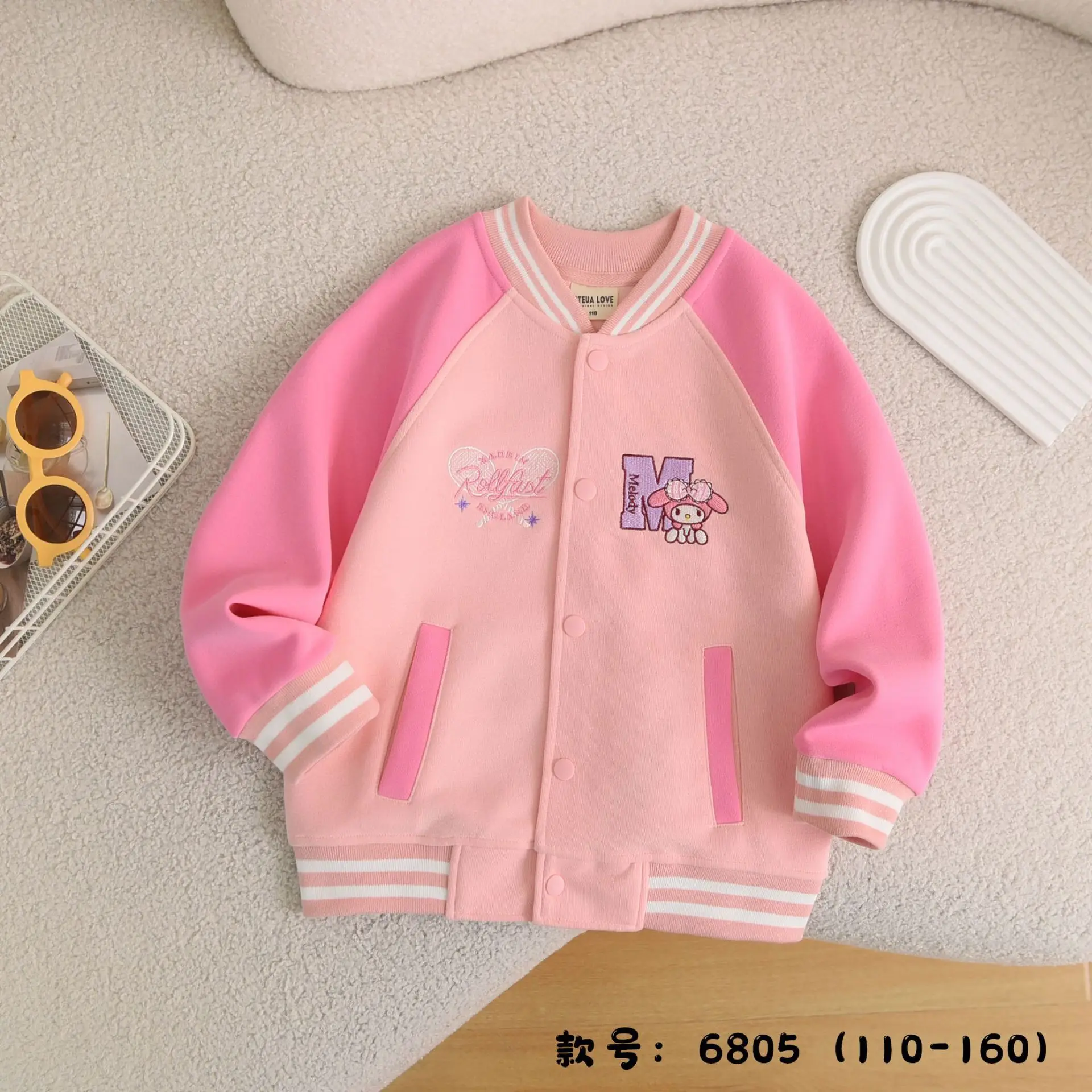 

2024 New Kuromi Girls Hoodie Sanrio Kawaii Anime My Melody Cinnamoroll Cartoon Cute Baseball Uniform Babys Clothes Gift for Kids