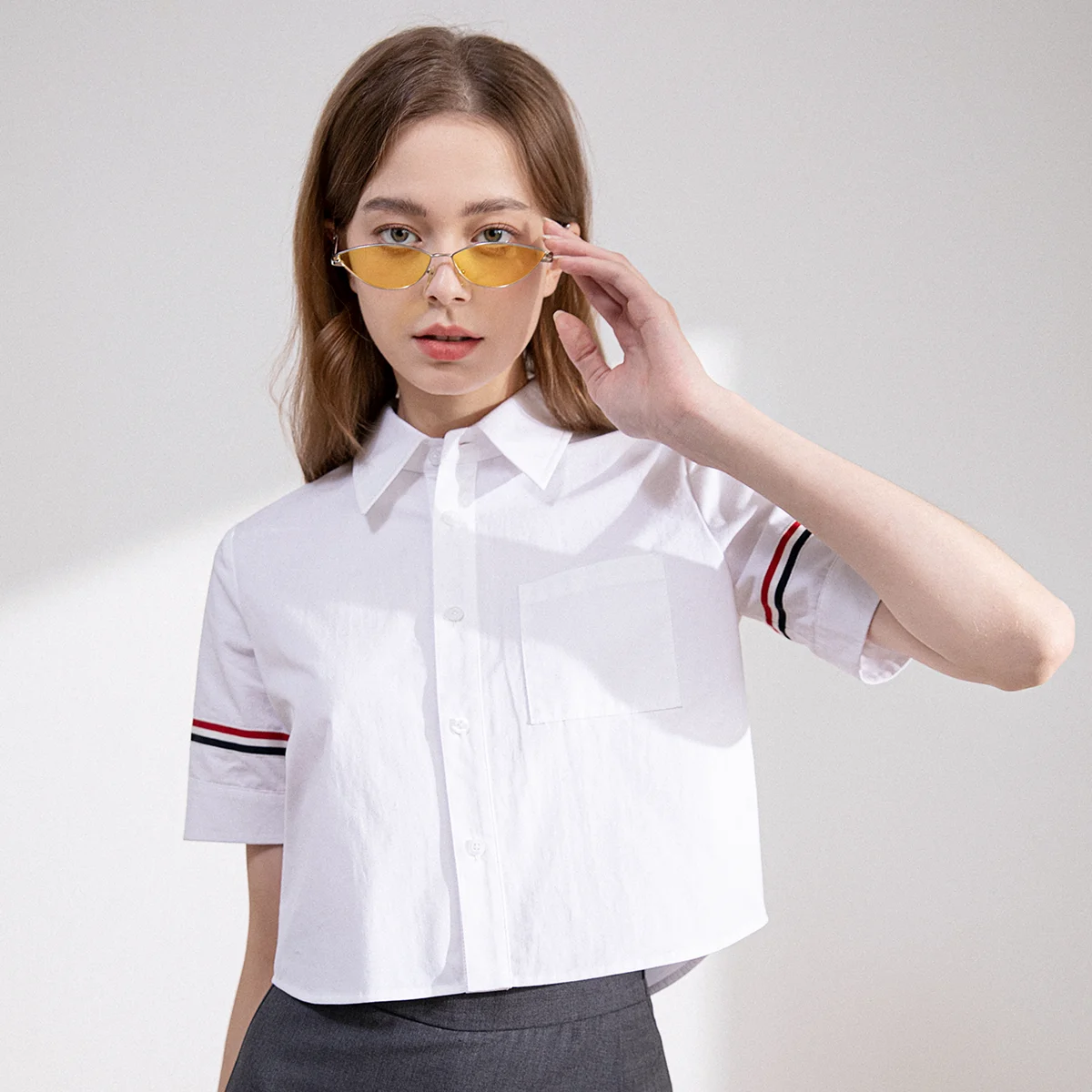 24TC-446  High quality spring and summer fashion brand women's  cotton shirt short blouse