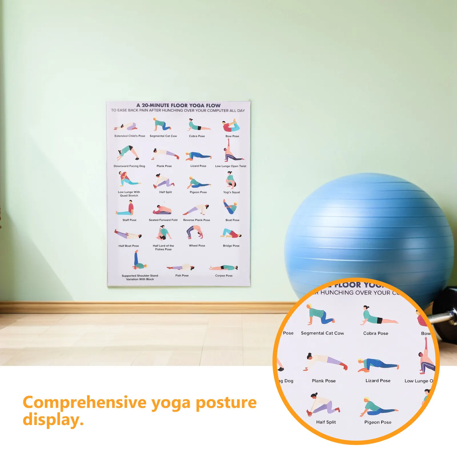 Yoga Poses Poster Wall Art Wood Frame 15.75x11.81 Inch Home Gym Decor Exercise Chart Workout Room Yoga Studio Essentials