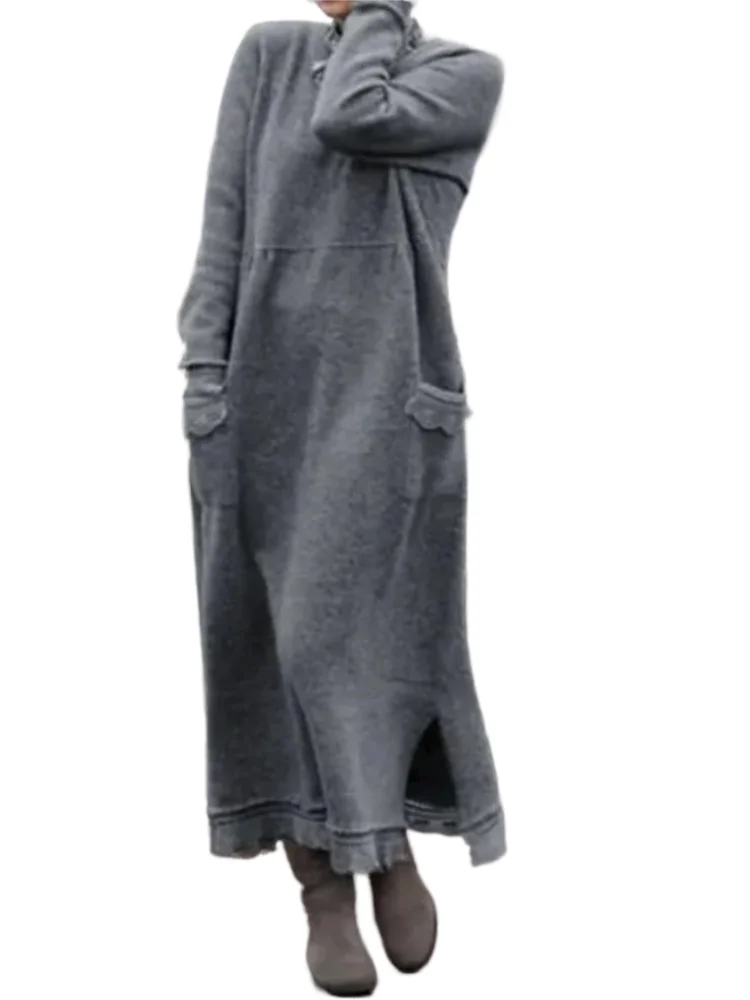 

New Autumn And Winter Loose Long Skirt Plus Velvet Sweatshirt Casual Dress Women Fashion Solid O Neck Long Sleeve Holiday Dress