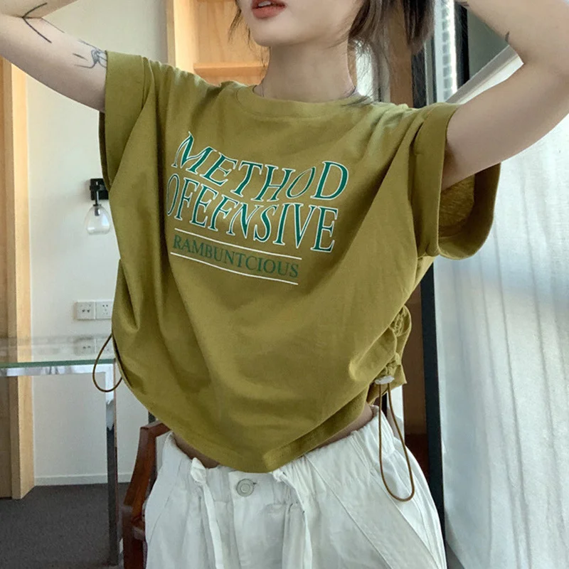 Women Short Sleeve Tee T-shirts Summer Clothes 2024 New Korean Popular Style Female Casual Loose Letter Print Drawstring Tops