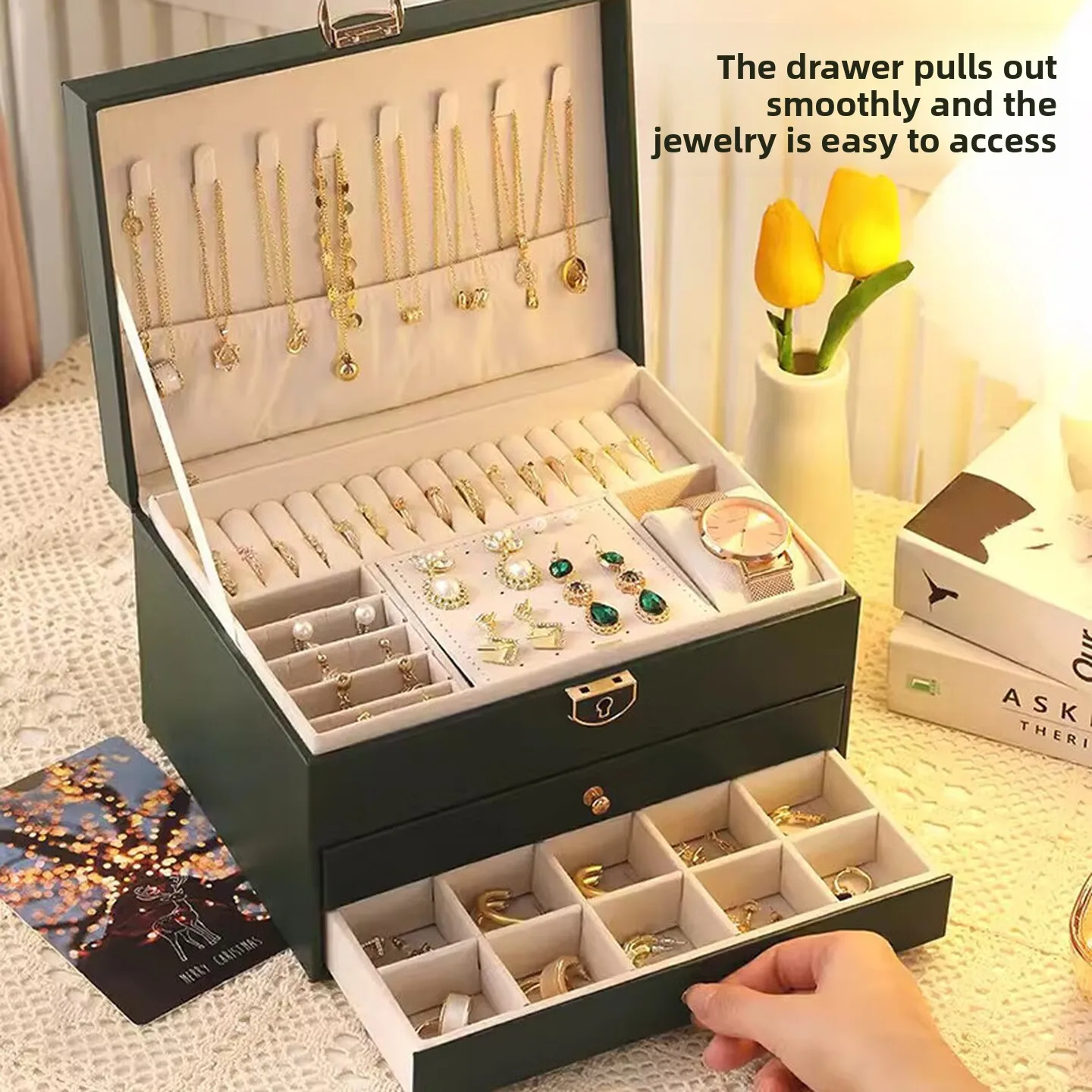Jewelry Box Lockable PU Leather Organizer Soft Velvet Lining High Density Foam Display Storage for Earrings Rings Gift Home Use