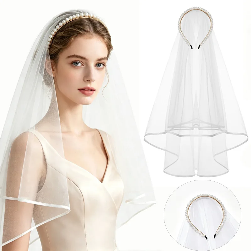 Retro Bridal Veils Floral Lace Trim Pearl Inlaid Headpiece Hooded Cape Style Sheer Tulle Fabric Hand Stitched Wedding Banquet