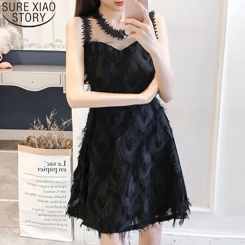 

2024 Women Summer Dresses Feather Tassel Embroidery Lace Dress A-line Sexy Spaghetti Strap Dress Zipper Party Mini Dresses 13718