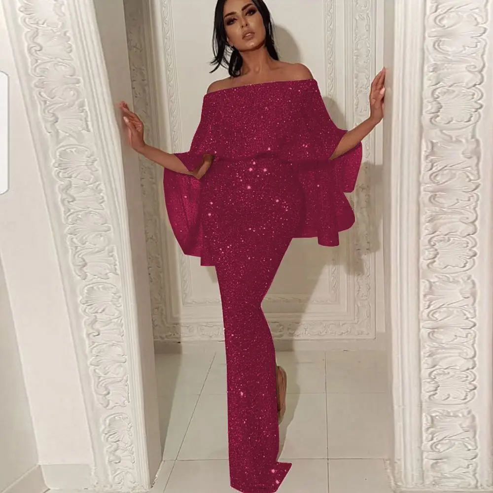 Elegancka damska sukienka wieczorowa z cekinami, luksusowa sukienka na jedno ramię z krótkim rękawem, rozcięcie, wysoki stan, damska sukienka maxi na przyjęcie, wesele.