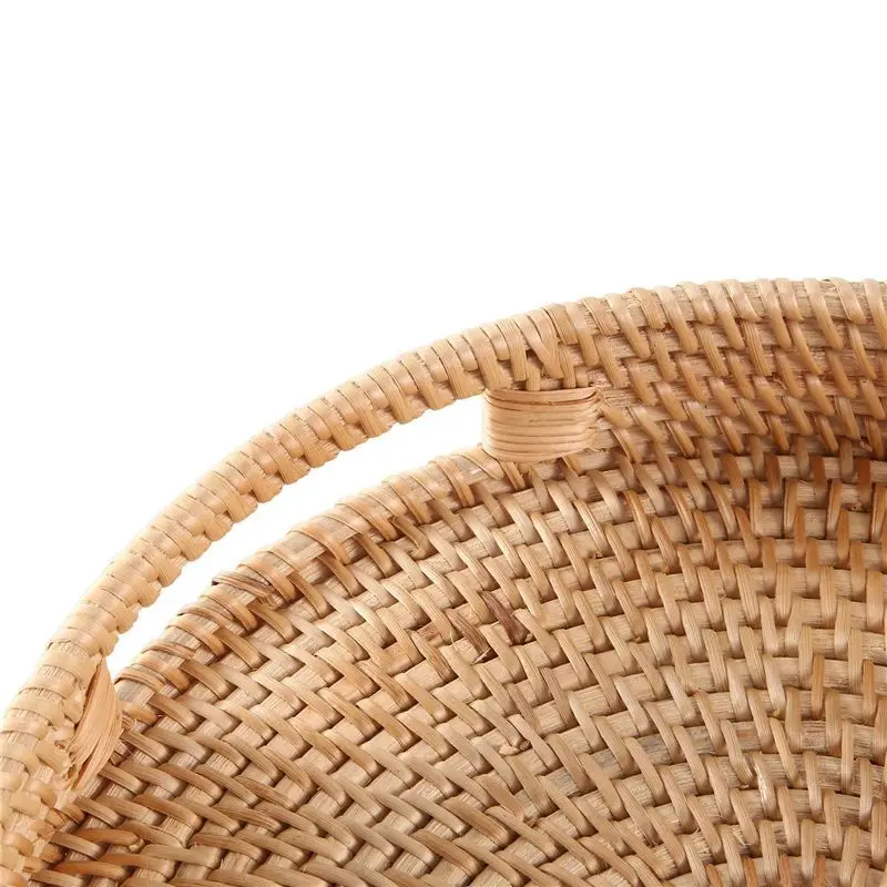 AT63-3X Round Rattan Serving Tray Decorative Woven Ottoman Trays With Handles For Coffee Table Natural(Small)