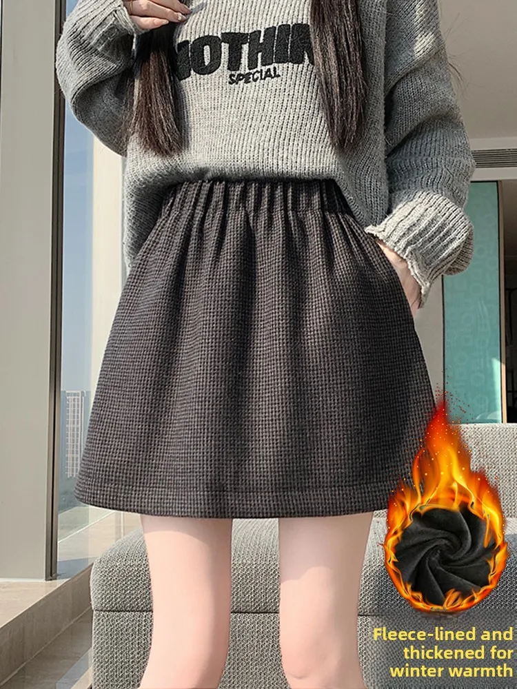 

Черная шерстяная юбка А-силуэта для женщин, зимняя, с эластичной талией, утягивающая, универсальная, с принтом в виде цветочных бутонов, короткая, повседневная, с высокой талией