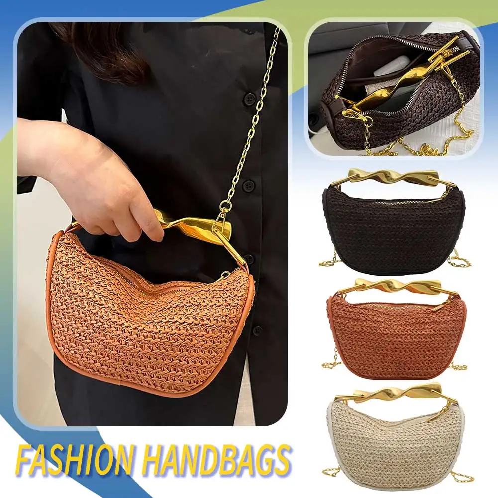 

Women Elegant Knitting Sling Bag Zipper Closure Summer Beach Shoulder Bag Trendy Straw Handbag Seaside Straw Handbag