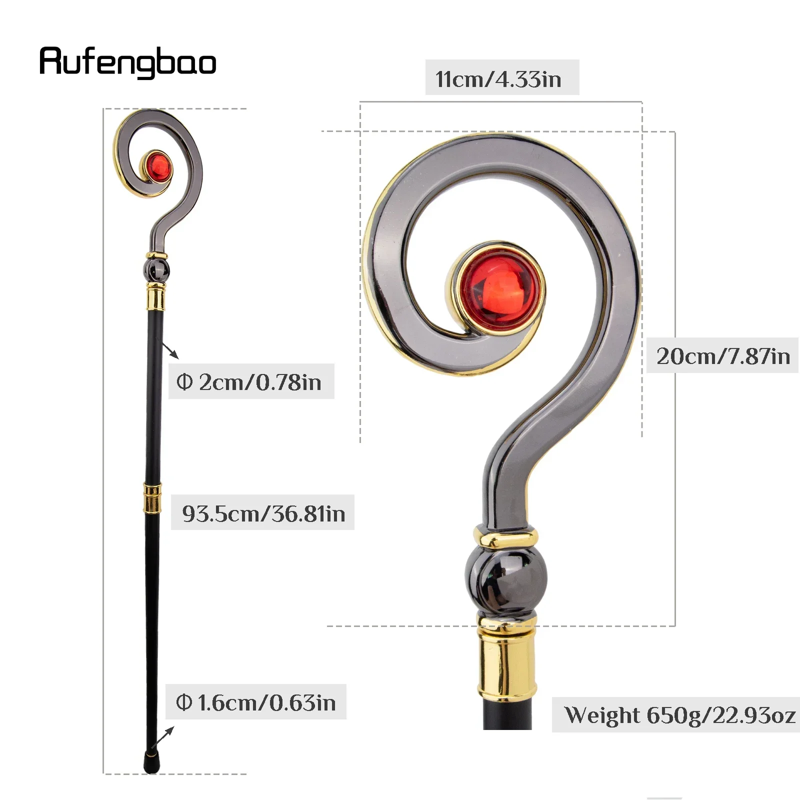 Golden Black Hanger Red Diamond Fashion Stick Decorative Cane Elegant Fashion Cane Cosplay Alloy Crosier Vintage Stick 93cm