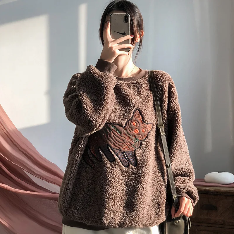 Winter Korea Trend Fluffy Polar Fleece Loose Sweatshirts Casual Oversized Streetwear Kawaii Cute Harajuku Soft Pullovers Tops