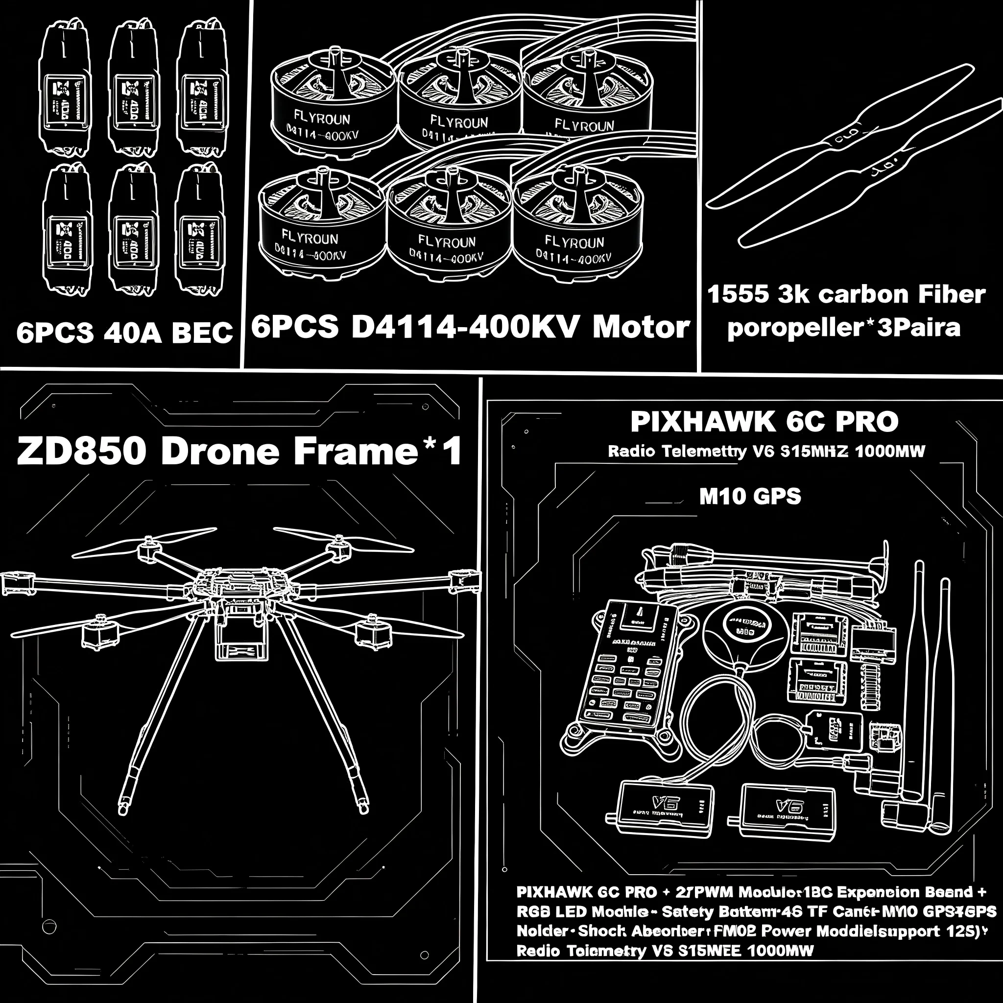 

HotRC ZD850 6C PRO M8N M9N M10 Full Carbon Fiber 850mm Hexa-Rotor Frame BLHELI 40A ESC Flight Comtrol Rado Telemetry Set