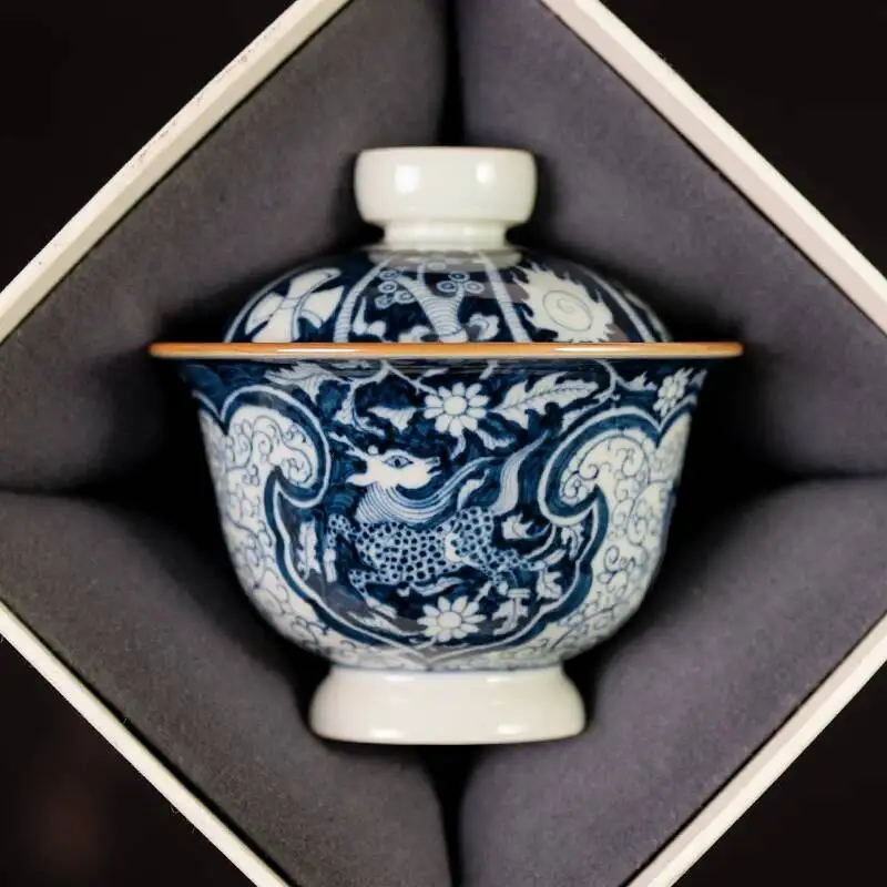 Xunzhen Tang Imitation Yuan Blue White Porcelain Eight Treasures And Qilin Retro Gaiwan Jingdezhen Ceramic Set For Brewing Tea