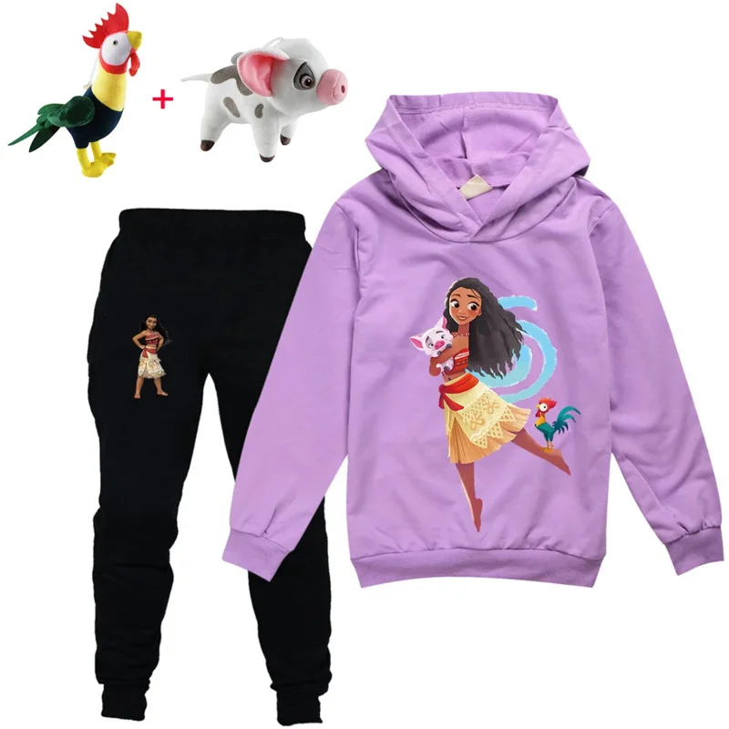 Moana Cartoon Hoodie e calças conjunto para crianças, roupas de bebê com capuz, tops infantis, roupas Vaiana Girl, anime dos desenhos animados, outono, primavera, 2-15Y