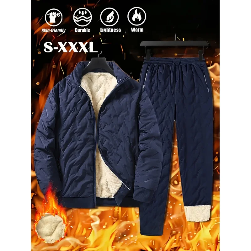 冬用メンズセット-厚手アスレジャー暖かいジャケットとパンツのツーピースセット-男性用服-トップスとボトムスのセットアップ