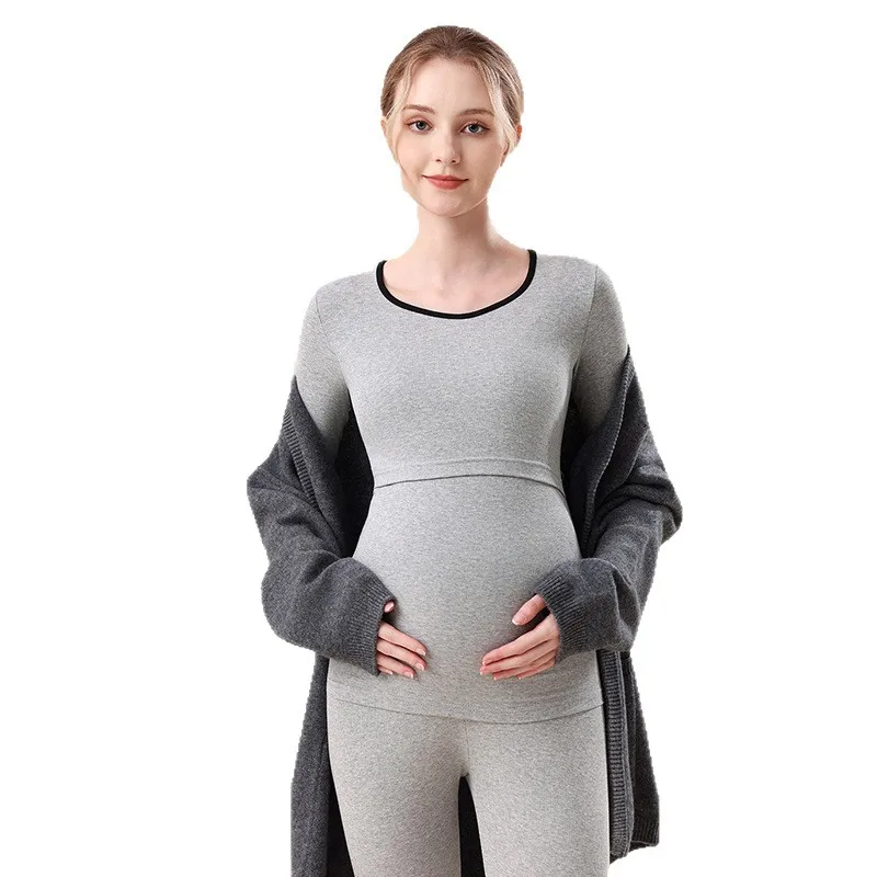 2026 New Pure Cotton Maternity Loungewear Set Breastfeeding Top for Postpartum, Plus Size Warm Thermal Underwear, Soft Maternity