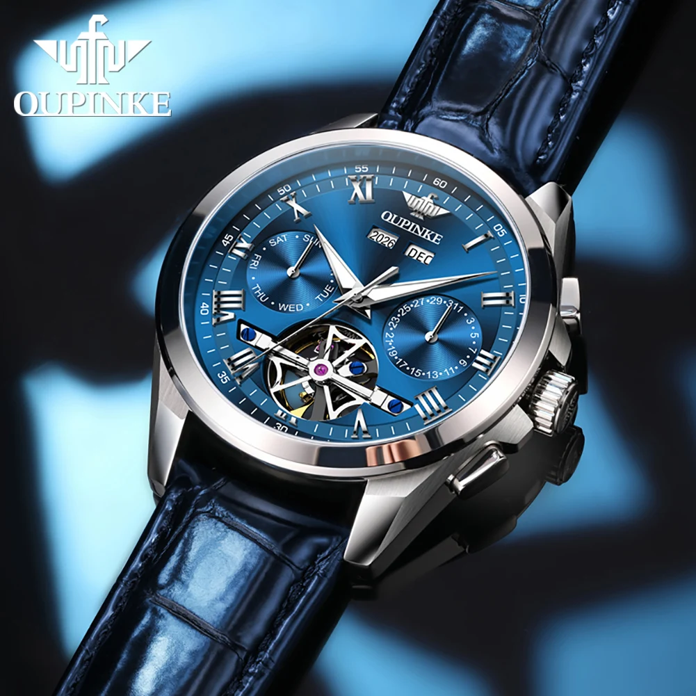 OUPINKE 3281 Men's Watch Skeleton Flywheel Stainless steel Dial Original Multi functional Date Automatic Mechanical Watch