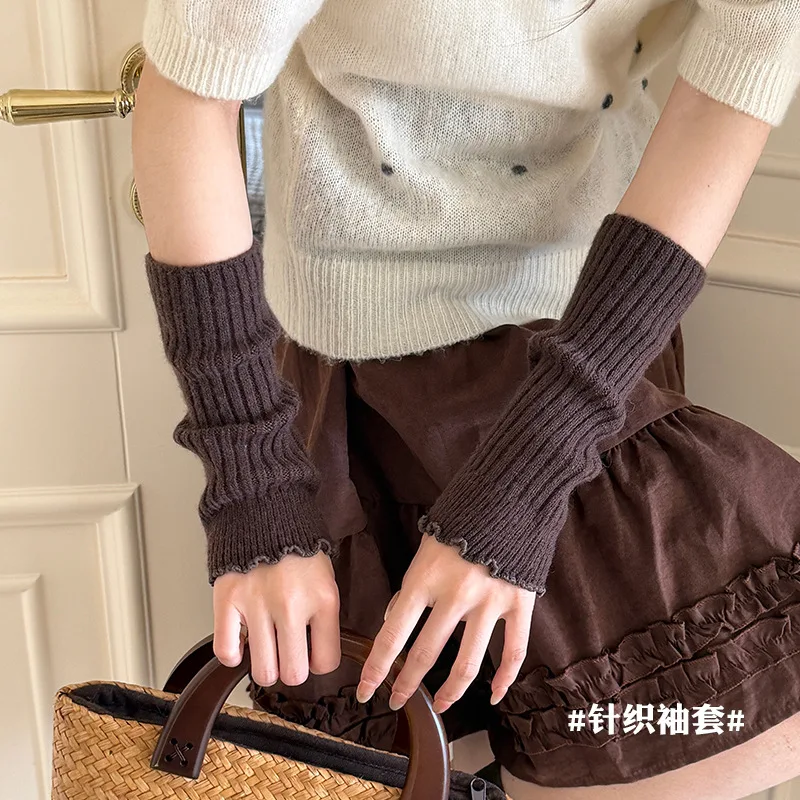 Korean Style Women Winter Arm Warmers Thick Fleece Sheep Wool Knit Fingerless Gloves Lace Trim Cute Hand Sleeves Warm Gloves