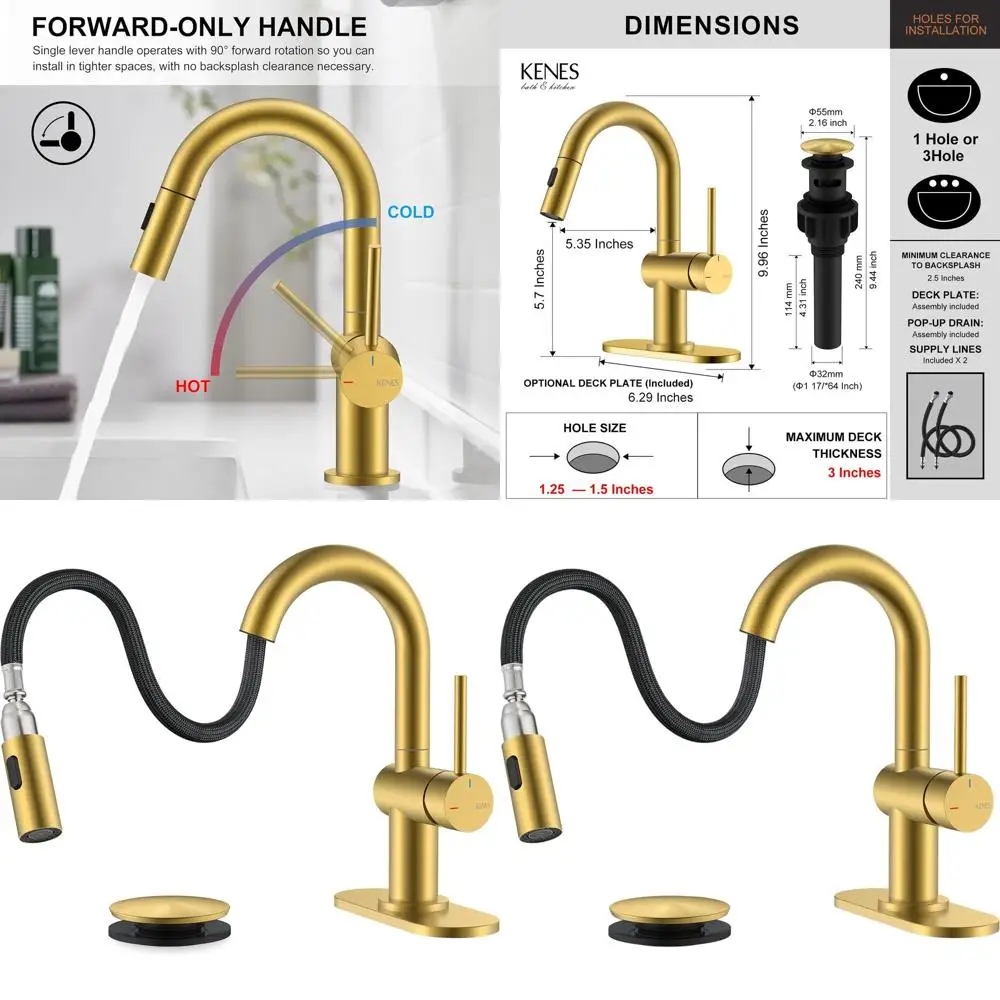 

Single Handle Brushed Gold Bathroom Faucet with Pull-Out Spray and Pop-Up Drain, Model KE-9065B-4