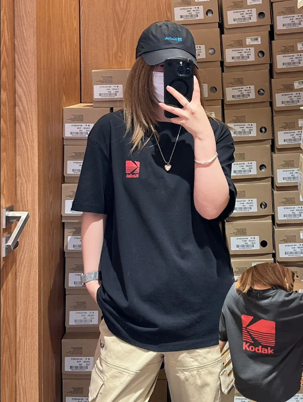 Camisa de Manga Curta 100% Algodão Kodak - Bestseller de Primavera e Verão - Top Casual Retrô para Casais, Incomum e Não Convencional
