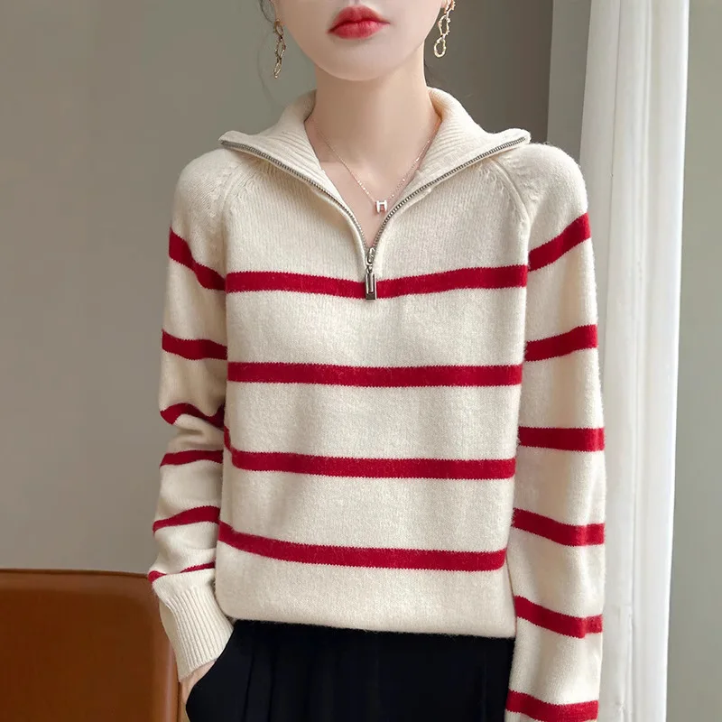 Double-Strand Thickened Wool Half-Open Zipper and Lapel Women's Pullover Autumn and Winter New Contrast Color Striped S