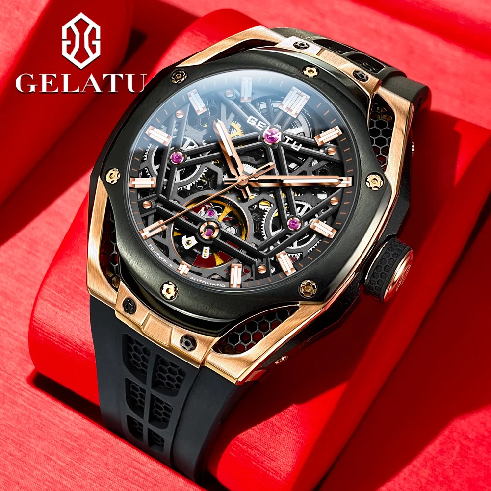 GELATU Original Automatic Mechanical Watch for Men Sapphire Mirror Big Dial Skeleton Waterproof Fashion Wristwatch 2023 Trend