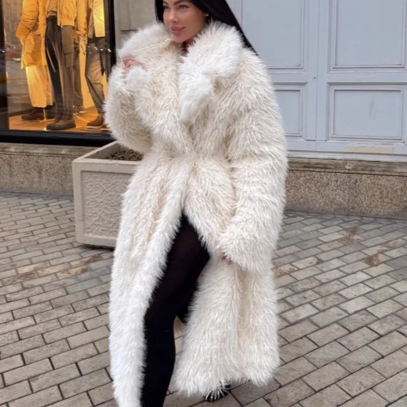 

2025 Womens Long Faux Fur Coat White Thicken Elegant Fur Outerwear Winter Warm Plush Fluffy Jacket Trendy Winter Fur Overcoats
