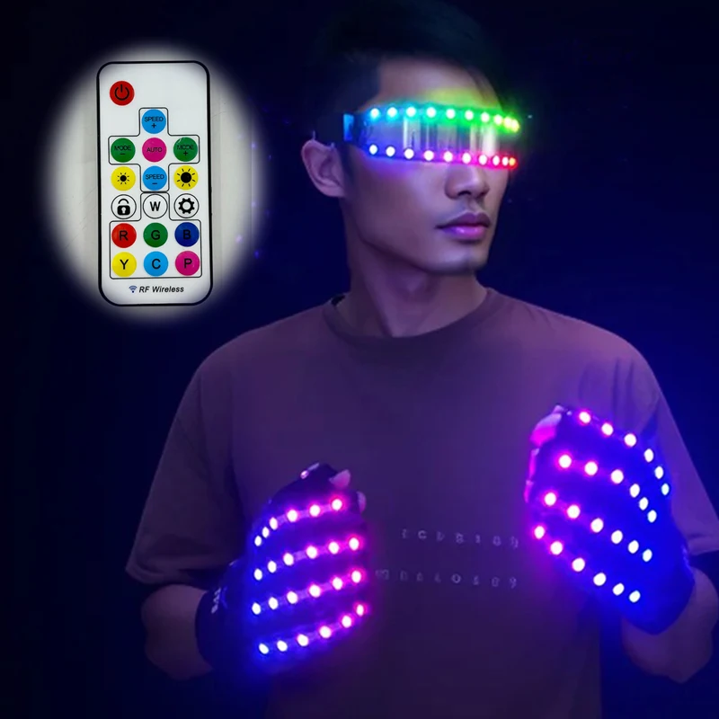 LED Glowing Gloves Light Up Glasses Rave Costume Decor DJ Dance Performances Luminous Props Remote Control Full Color