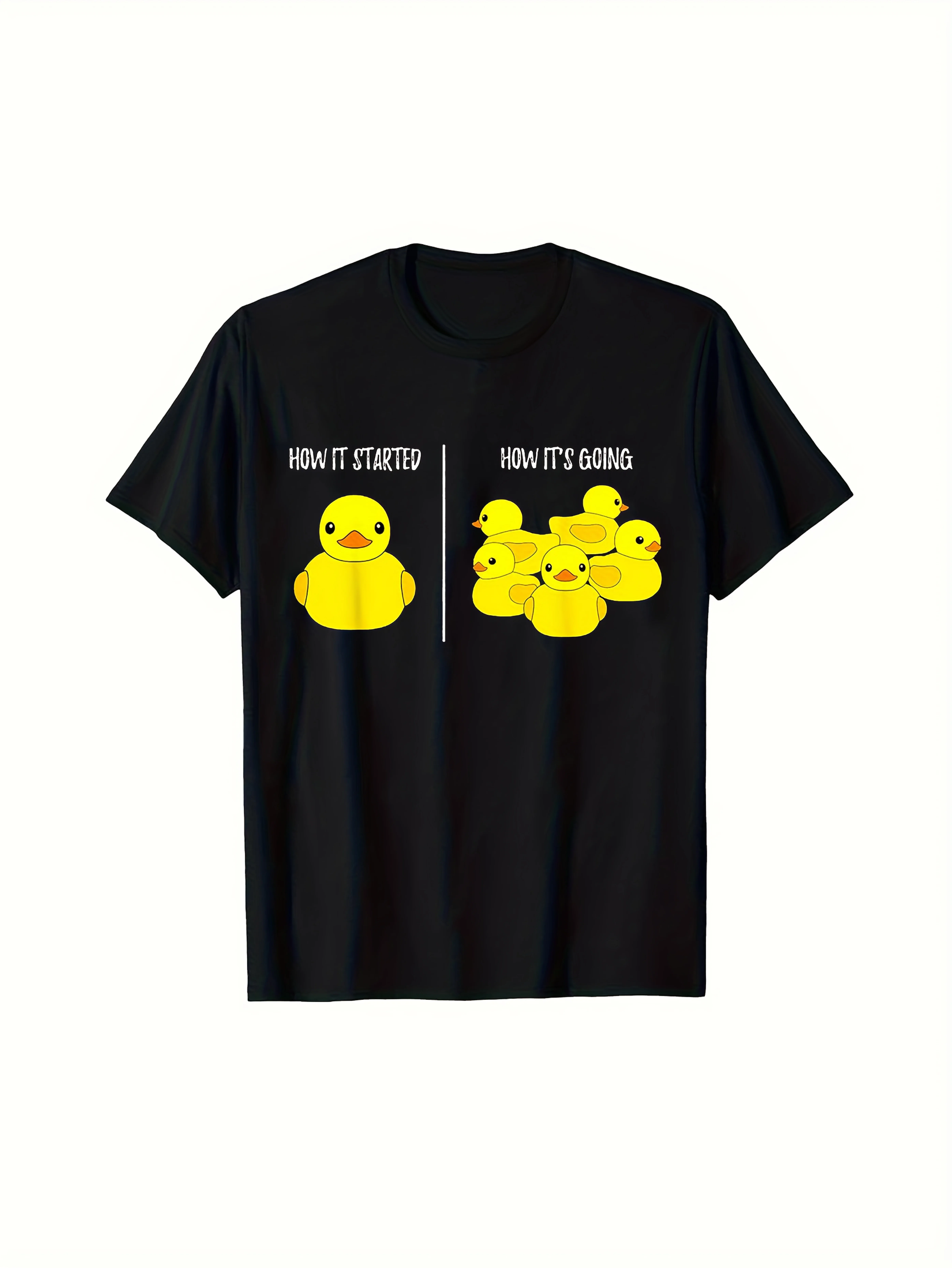 Men's Funny Rubber Duck T-Shirt - How It Started vs How It's Going Graphic Tee - Birthday Party Outfit, Casual Everyday Shirt - Soft Machine-Washable Fabric - Funny Gift for Adults (Black with Yellow Ducks), Streetwear Fashion, Classic Round Neck, Easy Ca