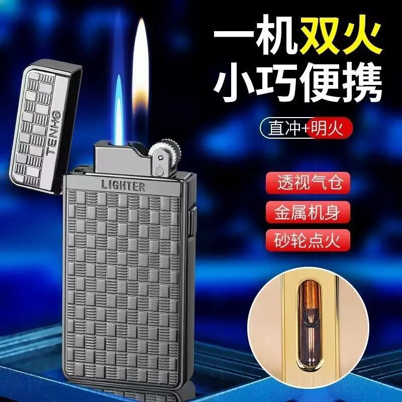 

straight punch double fire switch inflatable lighter visual gas warehouse retro grinding wheel personalized lettering gift tide