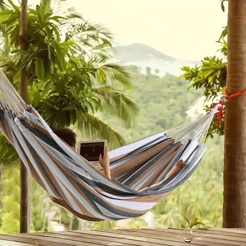 New Outdoor double hammock camping courtyard adult thick striped hammock breathable and sturdy canvas hammock swing furniture