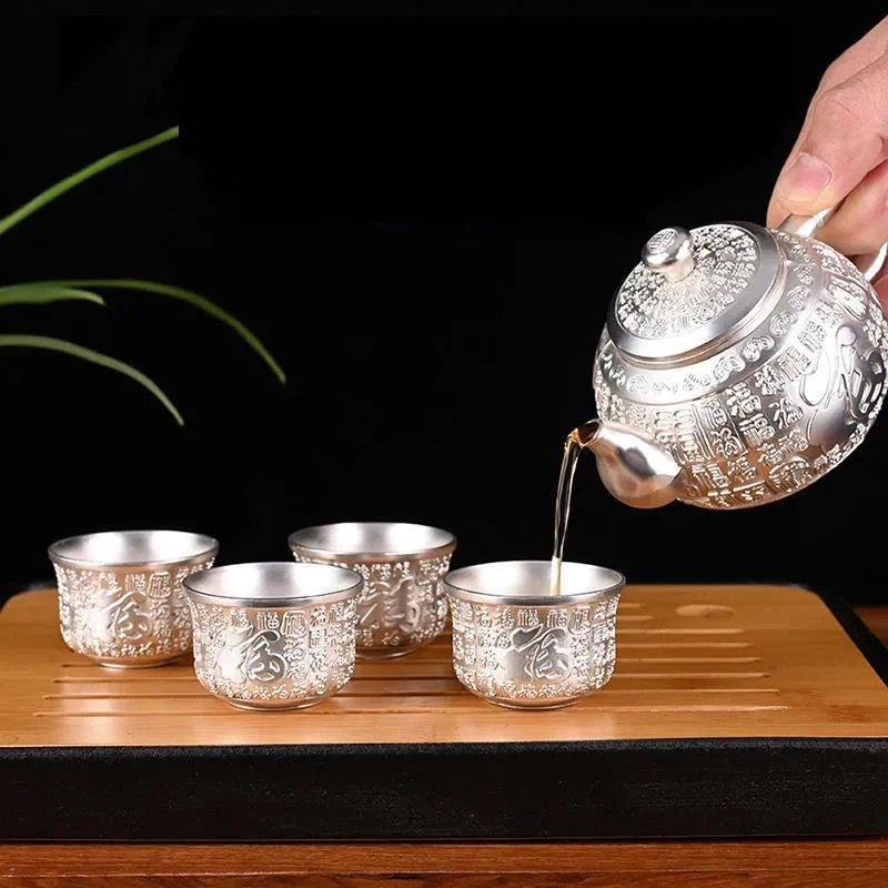 Pure Silver Fair Cup 999 Silver New Pak Fuk tea set 1 Pot 1  plate 4 cups Chinese high-grade cooked silver home owner