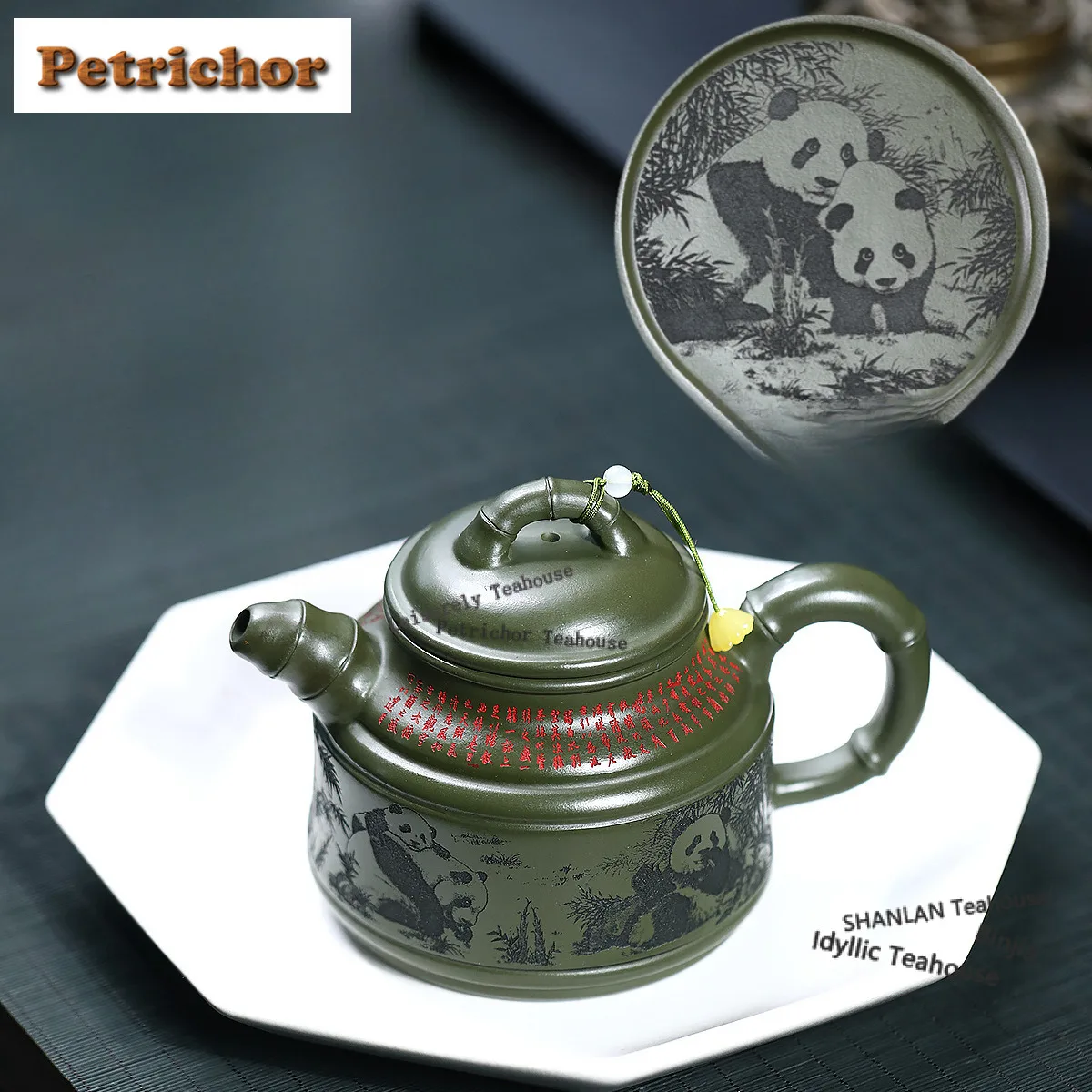 

400ml Yixing Purple Clay Teapots Handmade Panda Bamboo Tripod Pot Raw Ore Green Mud Tea Maker Kettle With Strainer Zisha Tea Set