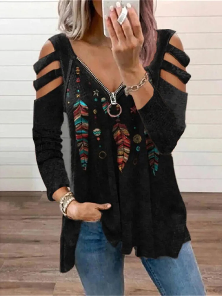 

Autumn Winter New Women's Fashion Zipper Pullover Print Sexy V-neck Off Shoulder Long Sleeved Loose T-shirt Women's Top