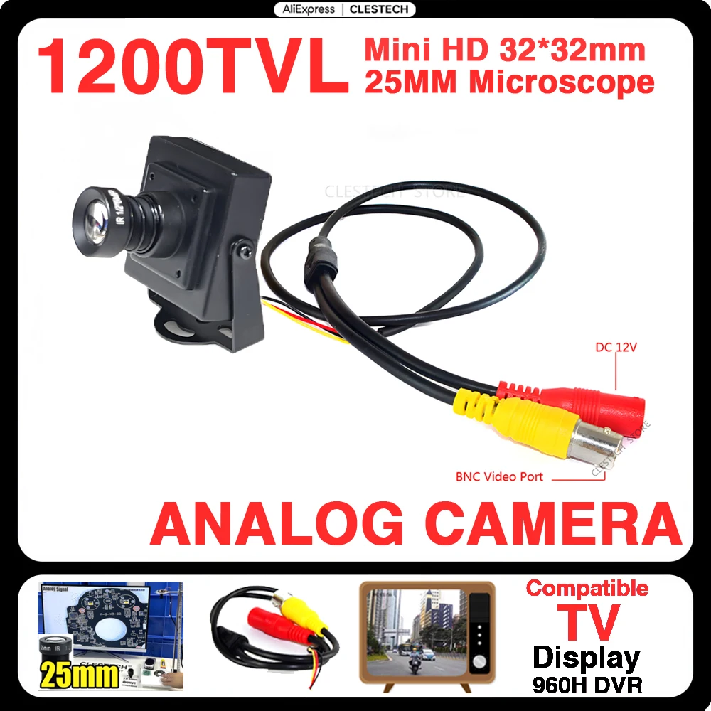 Super Small 32*32mm Analog 1200TVL HD Mini CCTV Camera 25mm Long-Focus DIY Microscope CVBS Metal Home Car Overtake Compatible TV