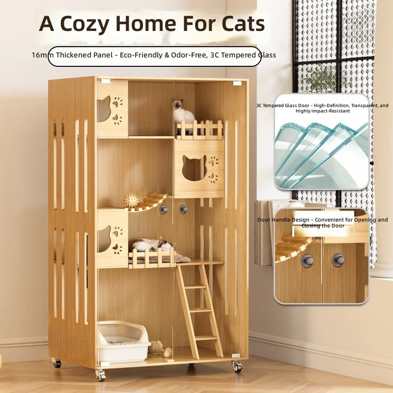 Large MultiLevel CatHouse for Indoor Cat,Wooden Cat Villa with Scratching Posts&Hideouts,Cat Tree Condo with Bed,Litter BoxCover