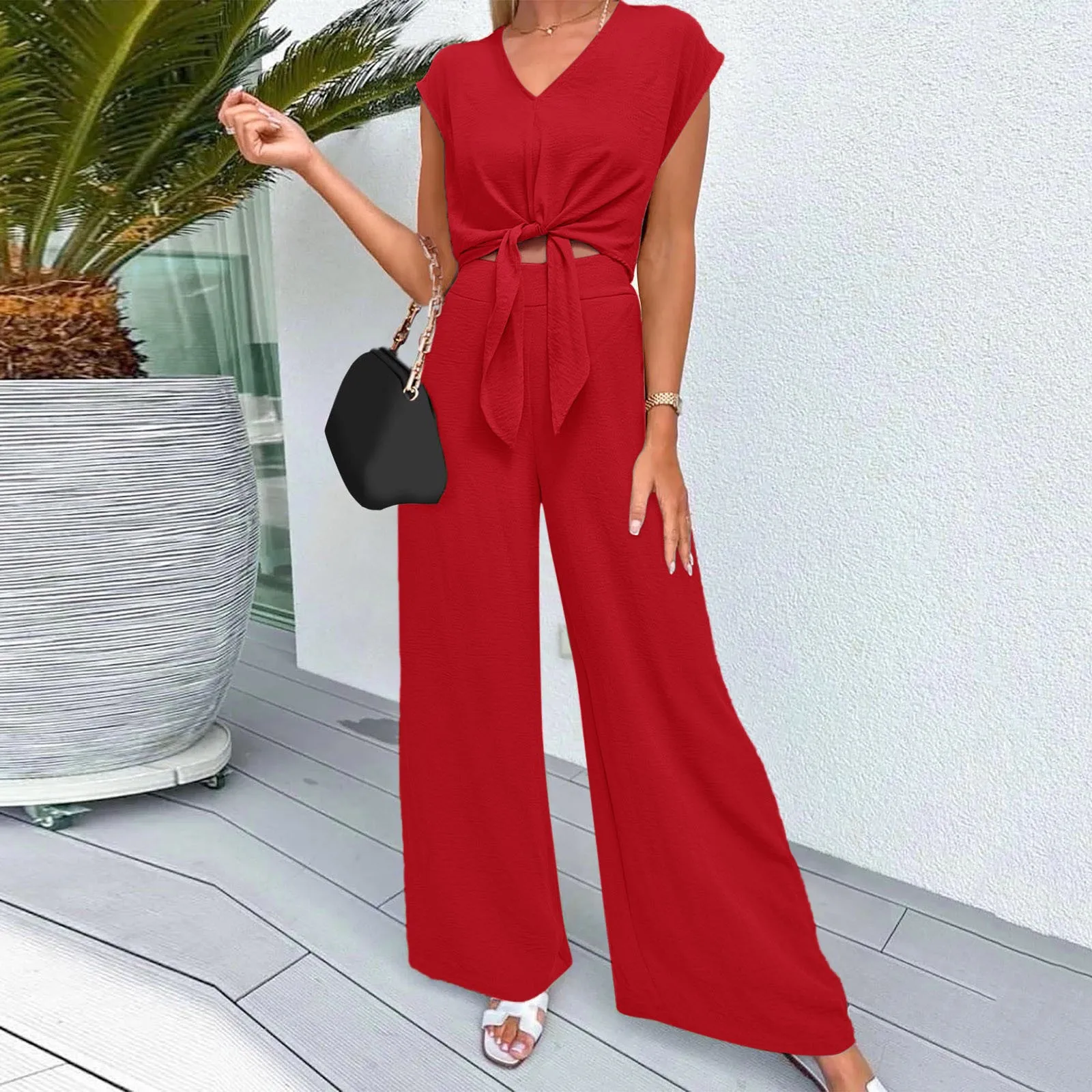 Women's Summer Collection Solid Color Fashion Sleeves Sexy V-neck Strap Waist Short Top With Pocket Wide Leg Pants 2-piece Set