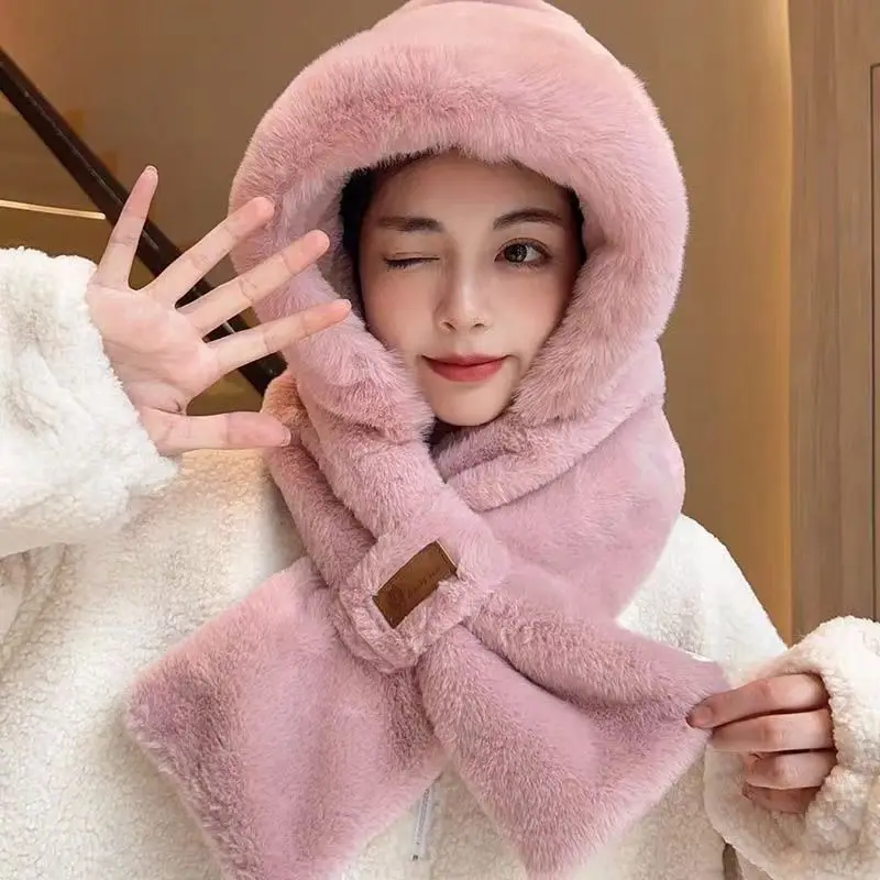 Hat Scarf All-in-one Female Winter Warm Rabbit Hair Knitted Cap Cycling Ear Protection Padded Cute Cold-proof Neck Cap