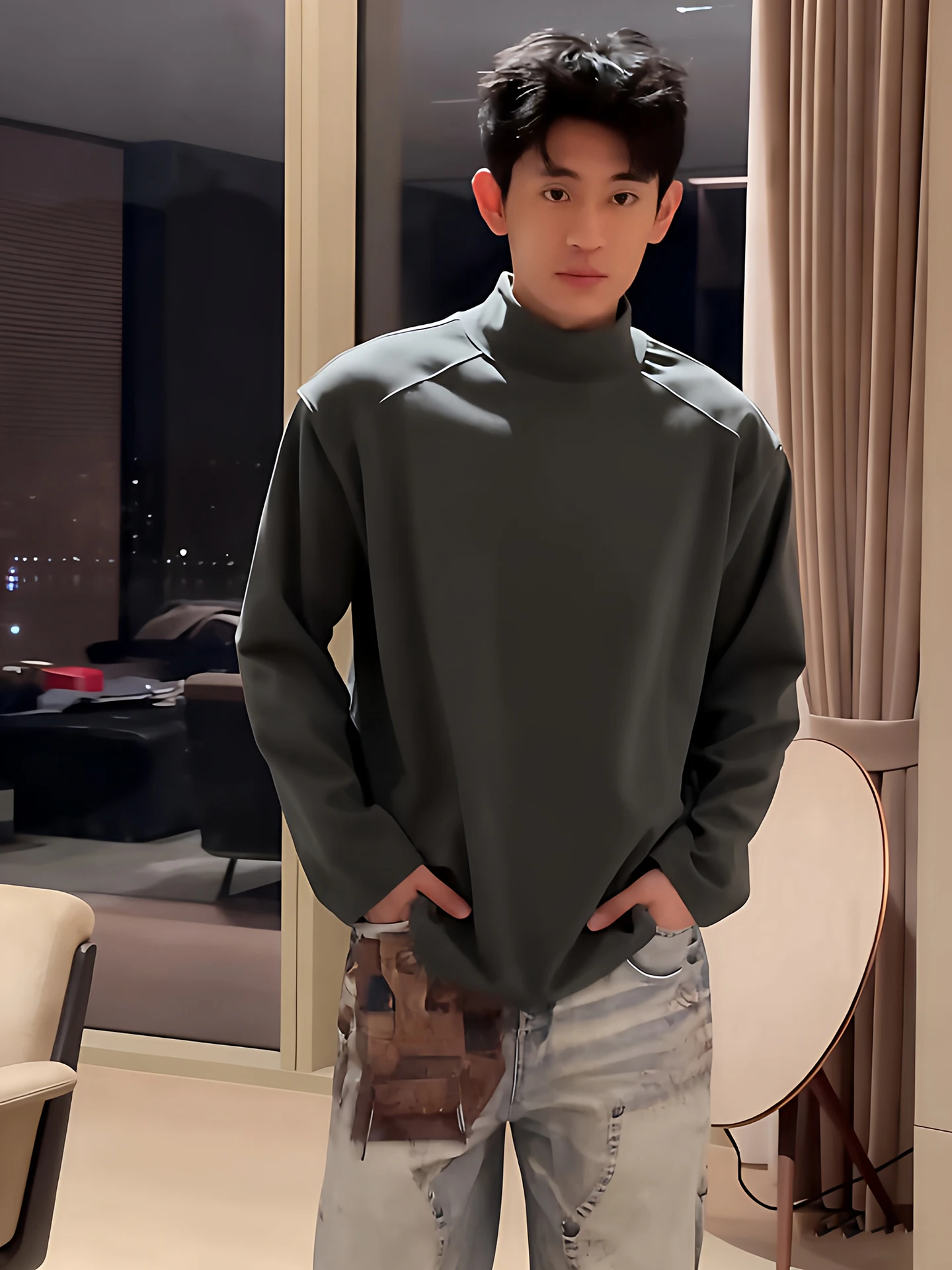 

Men's ey Woolen Base irt Long Sve f High Collar Autumn Winter Heavy Sweatirt Structure oulder Length T-irt