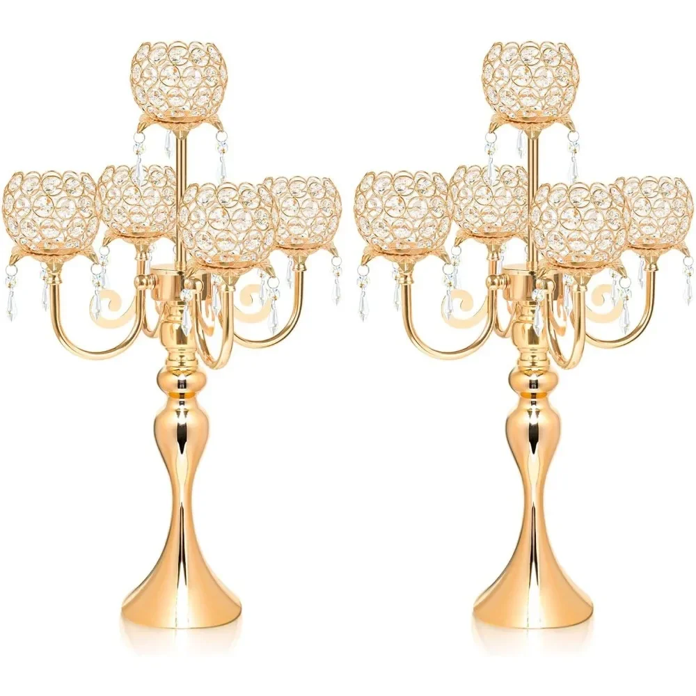 

4 Crystal Tabletop Decorative Gold Candlesticks with Pendant, 5-arm Candlestick Carving Tabletop Suitable for wedding parties