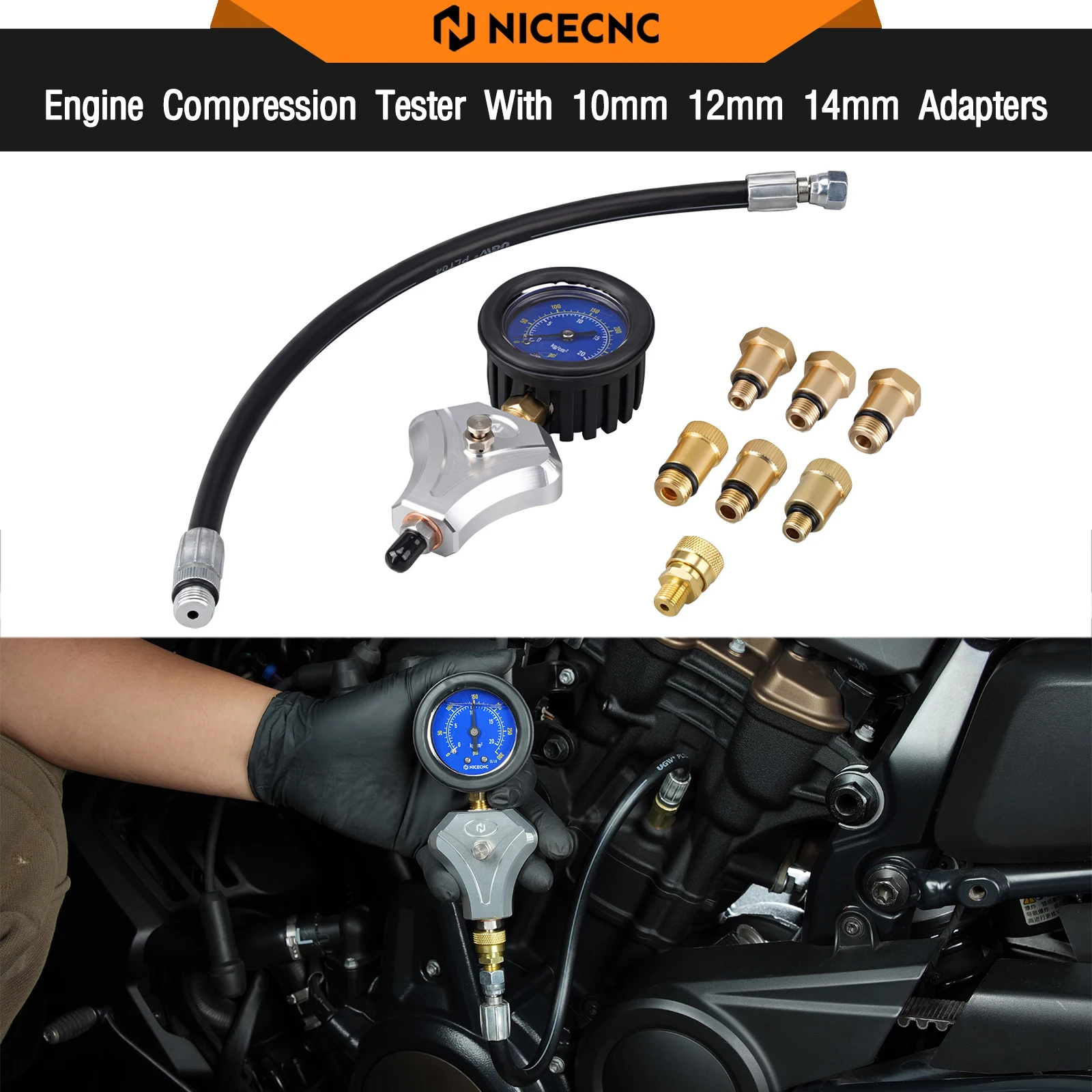 

Engine Compression Tester 0-300 PSI Pressure Gauge For Engine 2 Stroke 4 Stroke 10/12/14mm Spark Plug ATV UTV Motorcycle Car