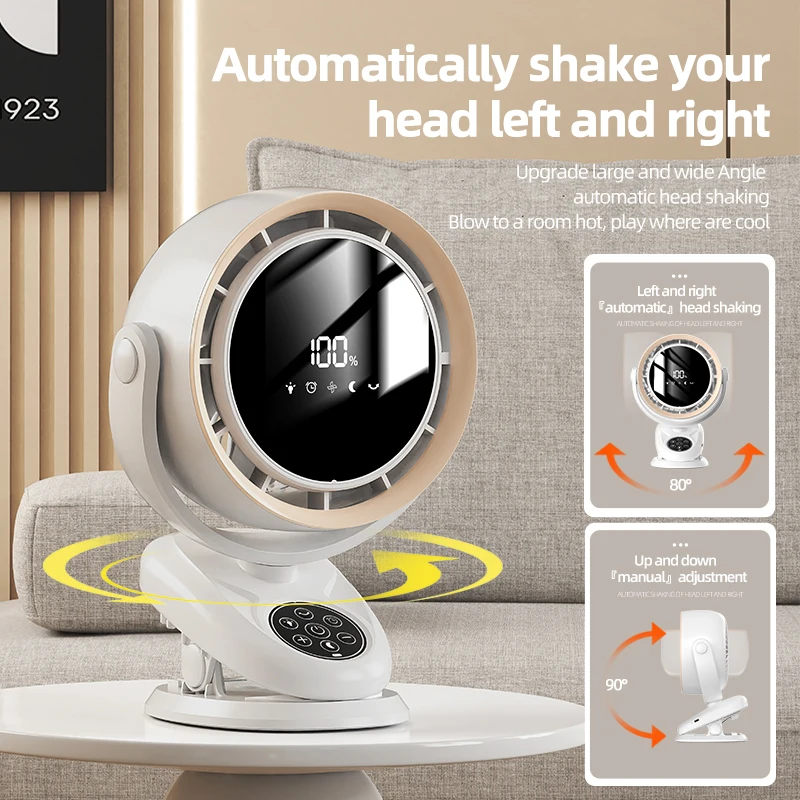 مروحة بمشبك متداولة مع مروحة سطح مكتب صغيرة تعمل بالتحكم عن بعد بقدرة 4000 مللي أمبير في الساعة ومروحة طاولة قابلة لإعادة الشحن بسعة كبيرة مع ضوء ليلي