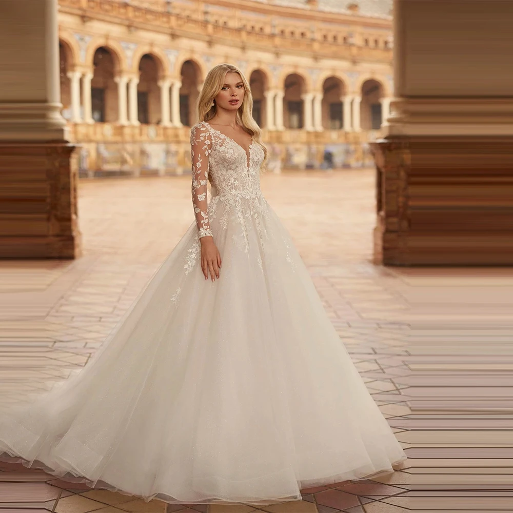 

Beautiful A-Line Long SleevesWomen Wedding Dresses Elegant V-Neck Tulle Prom Bridal Gowns Banquet Vestidos De Noche Customized